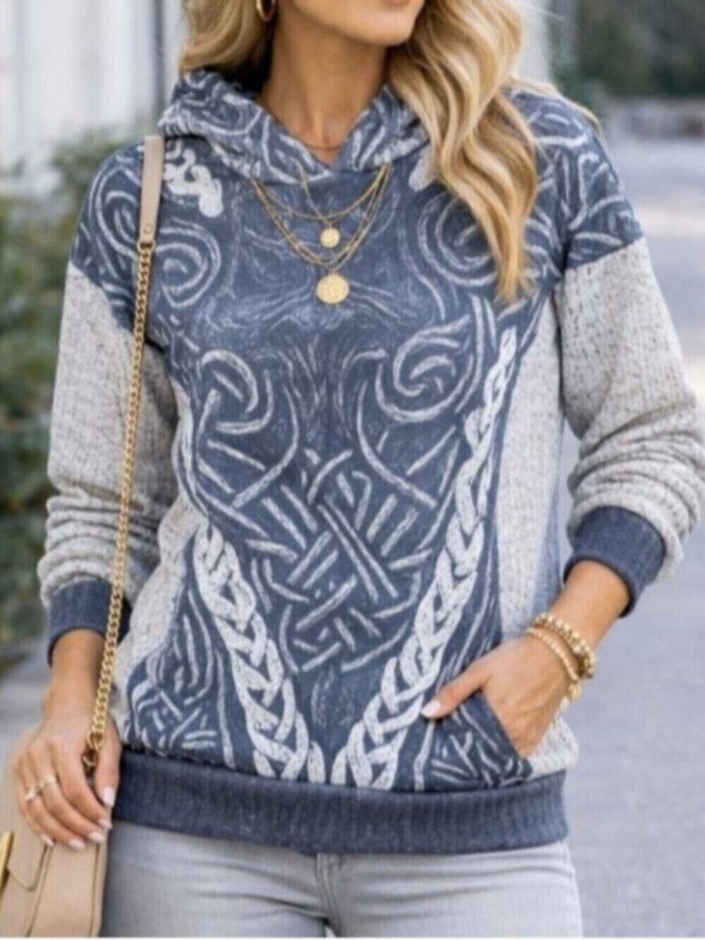 Women’s Large Celtic Knot Print Pullover Hoodie Gray Long Sleeve Casual Sweater